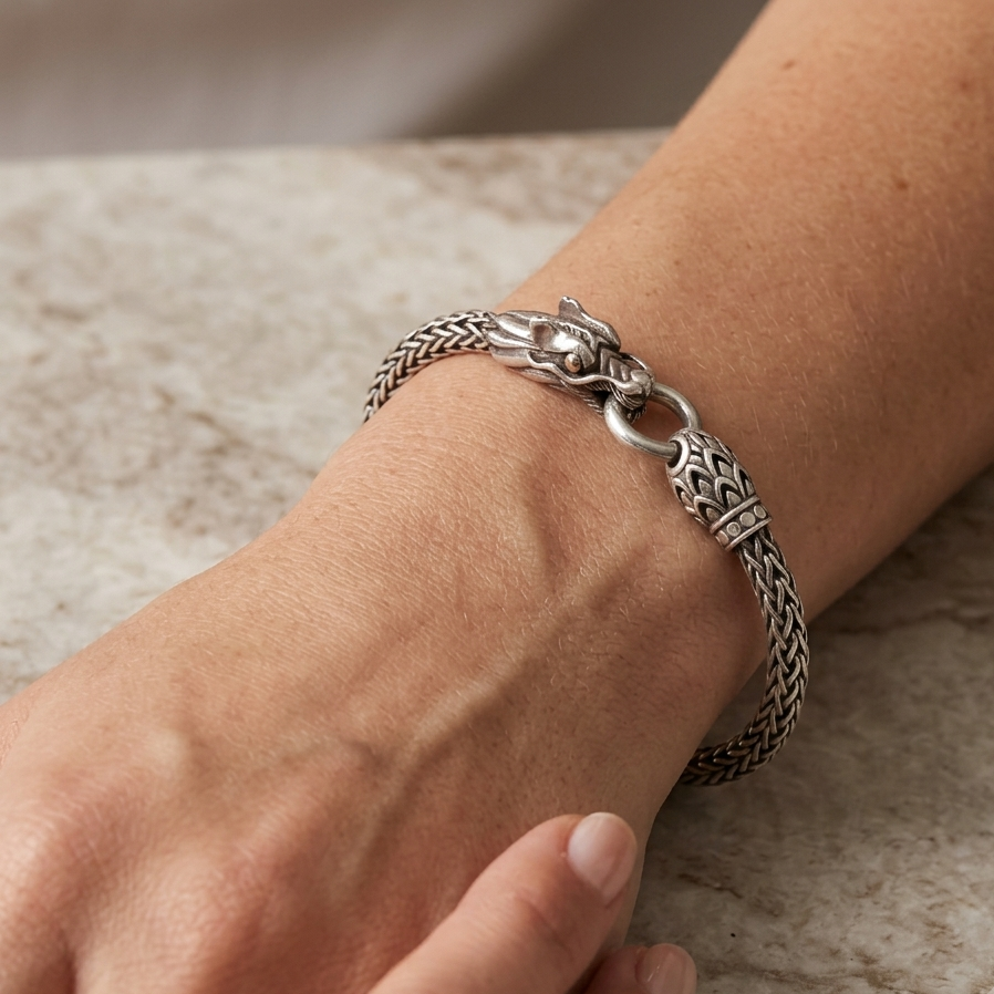 Sterling Silver & 18K Gold Wheat Link Dragon Bracelet