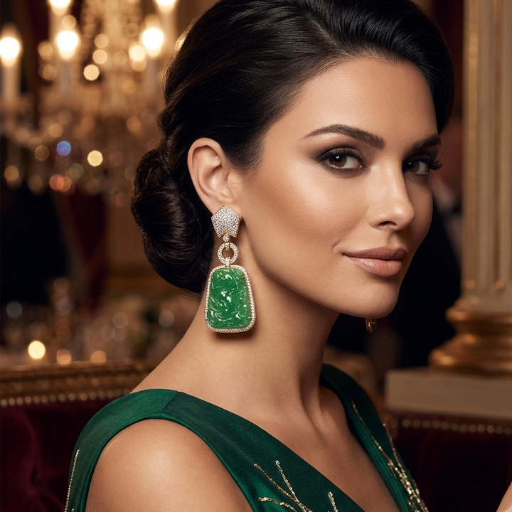 18K Gold, Diamond and Carved Jade Statement Dangle Earrings