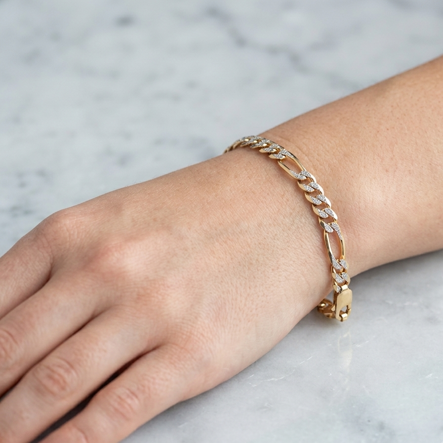14K Gold Figaro Link Bracelet with Diamond Cut Highlights