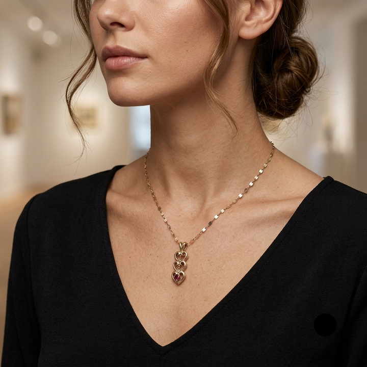 14K Gold & Ruby Triple Heart Pendant & Mirror Link Chain