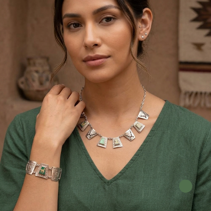 Sterling Silver Mexican Aztec Symbols Bracelet and Necklace Set