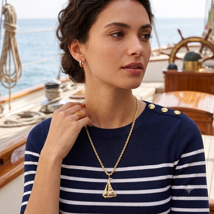 14K Gold Unisex Nautical Sailboat & Rope Chain Necklace