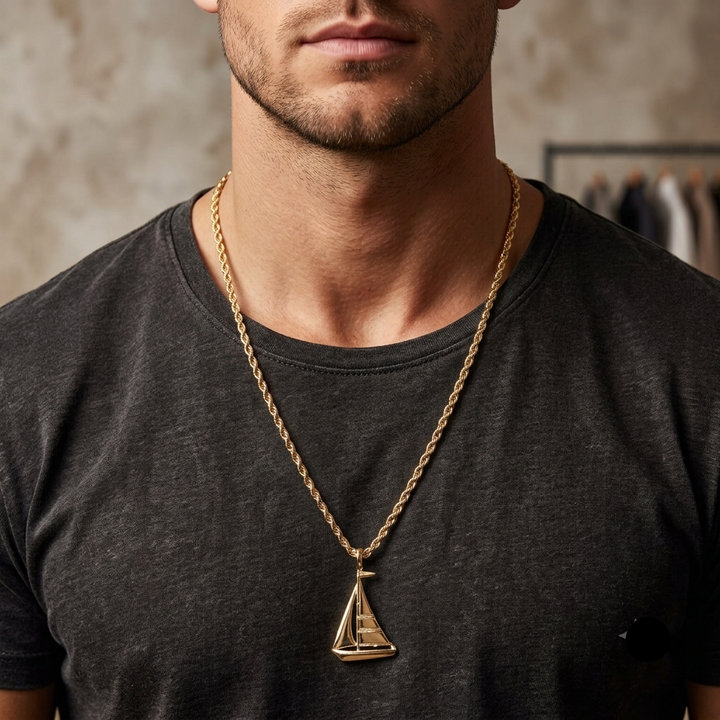 14K Gold Unisex Nautical Sailboat & Rope Chain Necklace