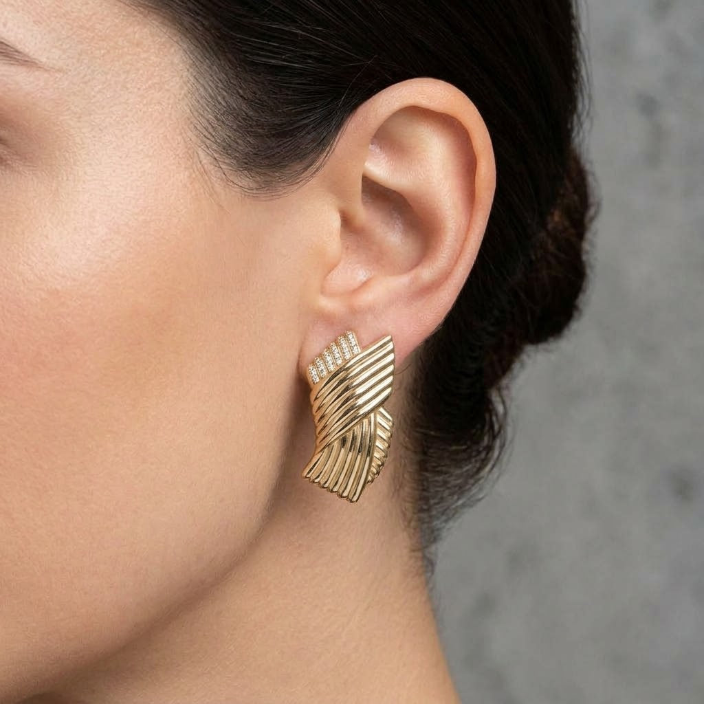 14K Gold Broad Ribbon Stud Earrings