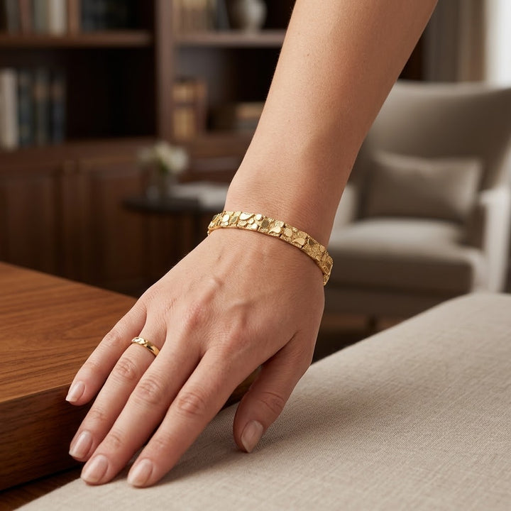 14K Gold Rough Nugget Panel Statement Bracelet