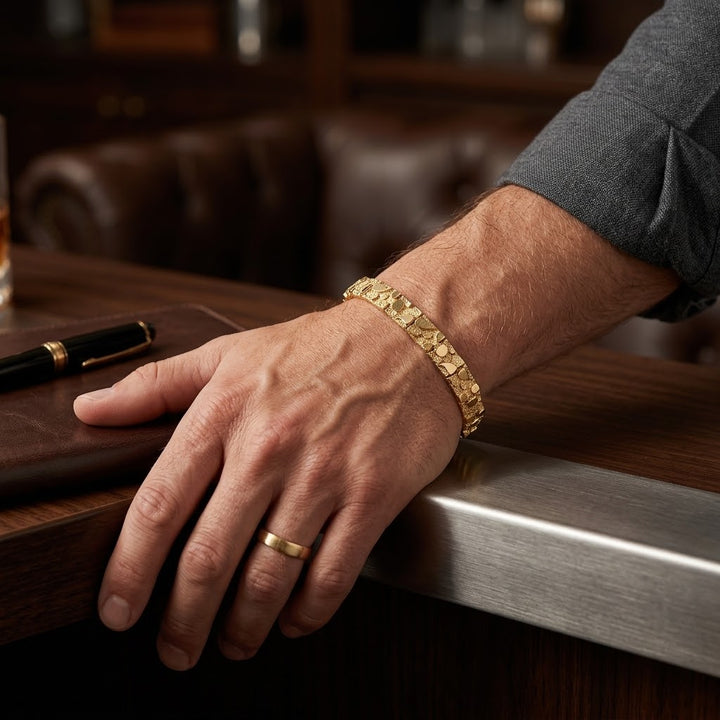 14K Gold Rough Nugget Panel Statement Bracelet