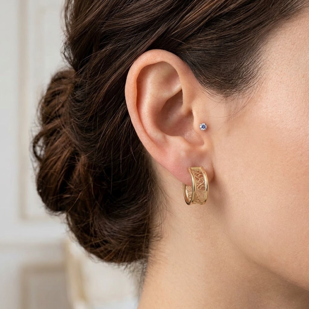 14K Gold Open Work Vine Motif Hoop Earrings