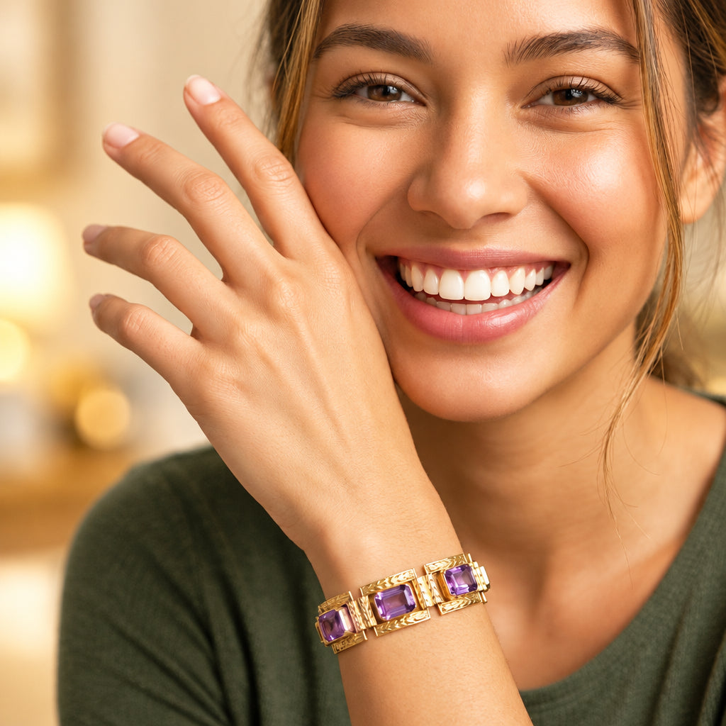 14K Gold Mid-Century Panel, Amethyst Statement Bracelet