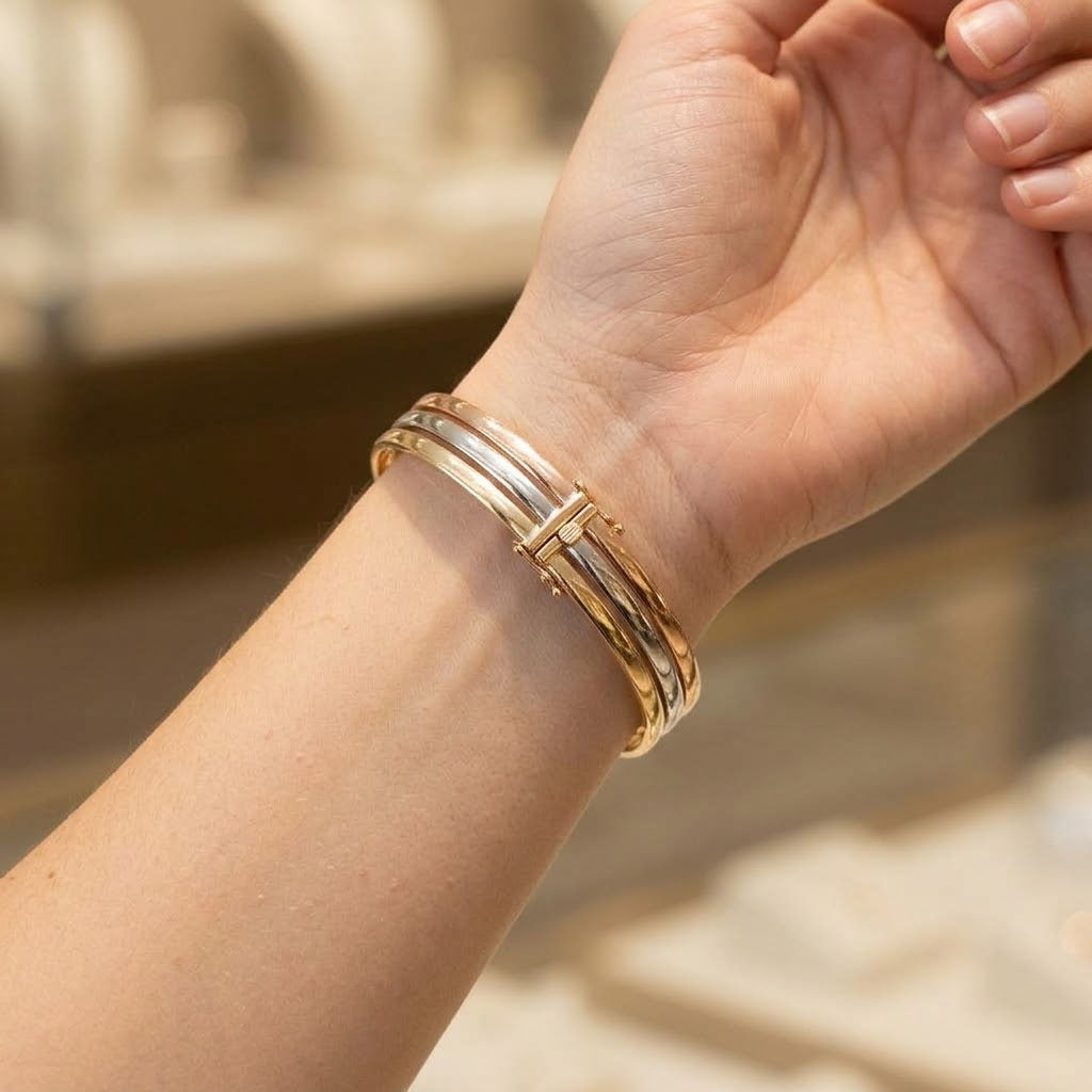 14K Tri-Color Gold Triple-Band Hinged Bangle Bracelet
