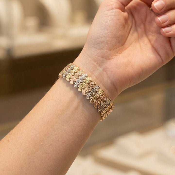 14K Tri-Color Gold Geometric Chevron Pattern Statement Bracelet