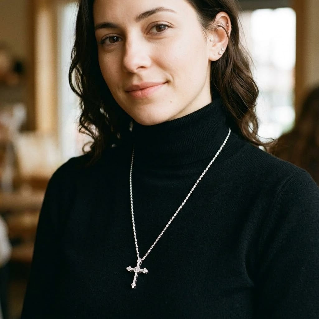 14K White Gold & Diamond Unisex Gothic Cross Necklace