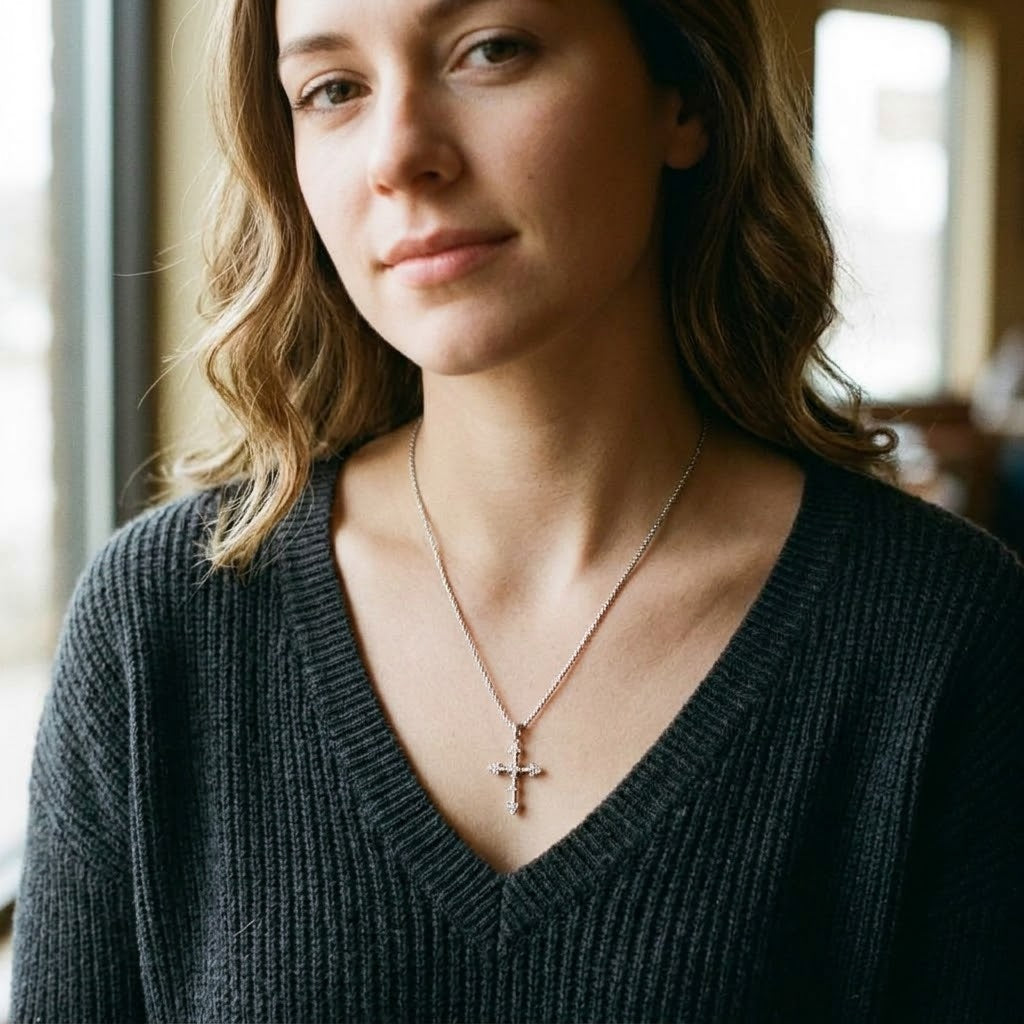 14K White Gold & Diamond Gothic Cross Necklace