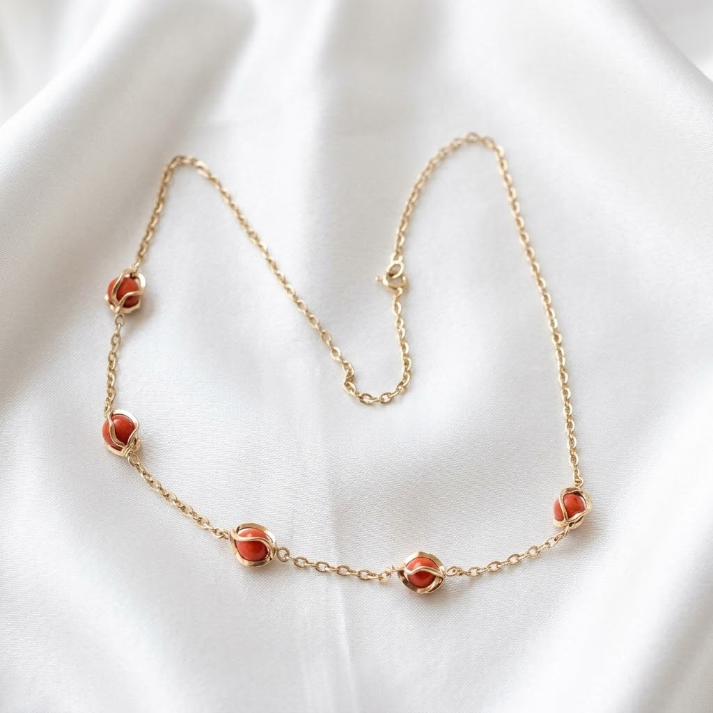 14K Gold & Caged Red Coral Elegant Chain Link Necklace