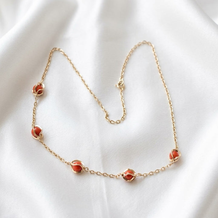 14K Gold & Caged Red Coral Elegant Chain Link Necklace