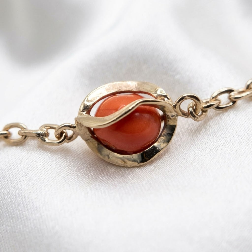 14K Gold & Caged Red Coral Elegant Chain Link Necklace