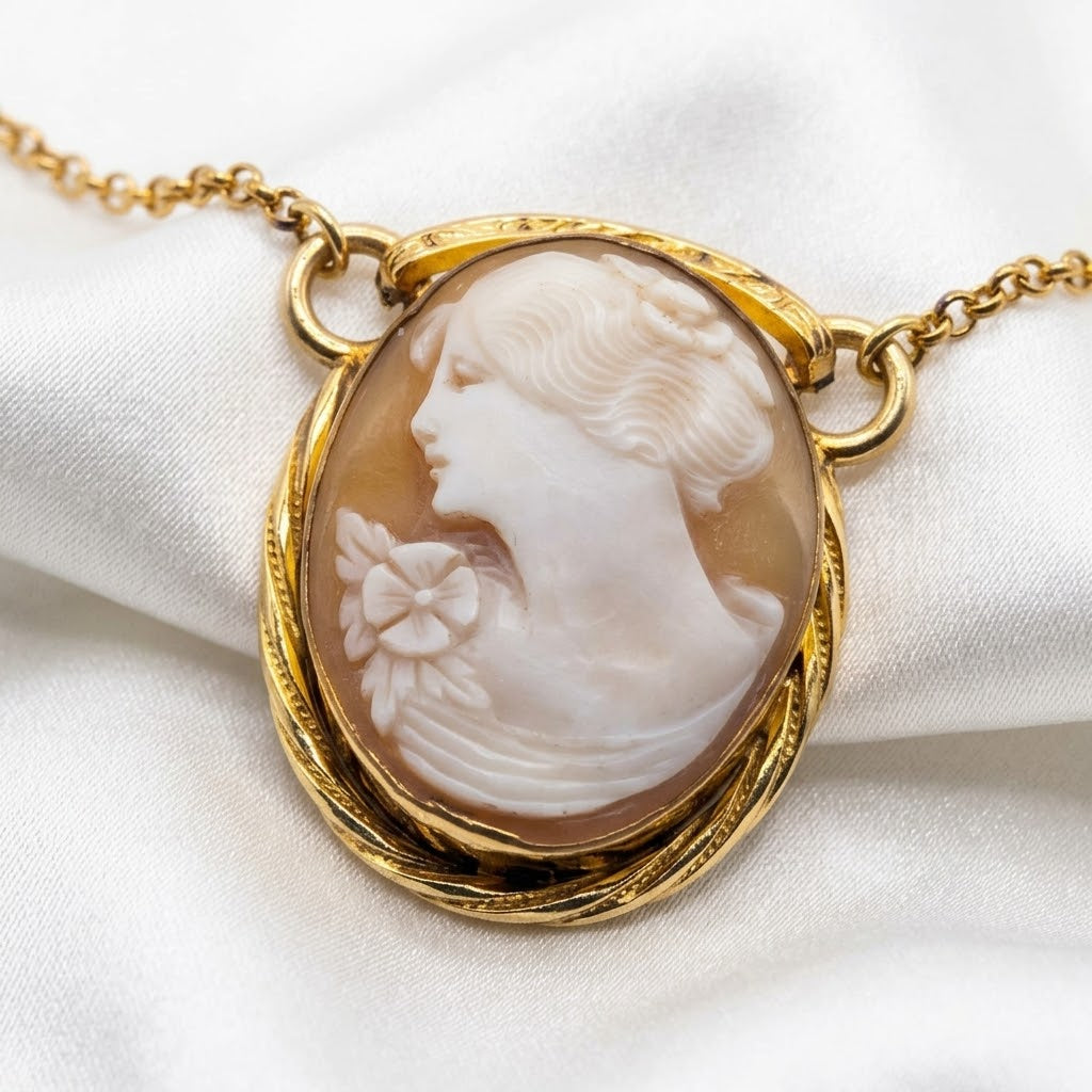 Elegant 10K Gold Cameo Fixed Pendant Necklace