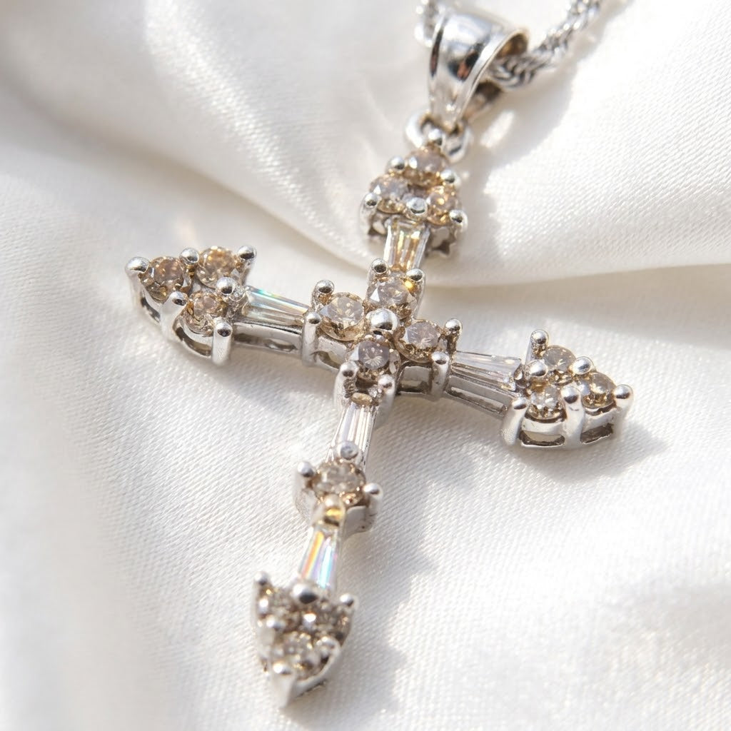 14K White Gold & Diamond Gothic Cross Necklace