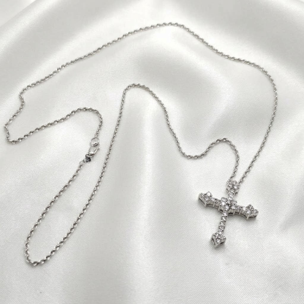 14K White Gold & Diamond Unisex Gothic Cross Necklace