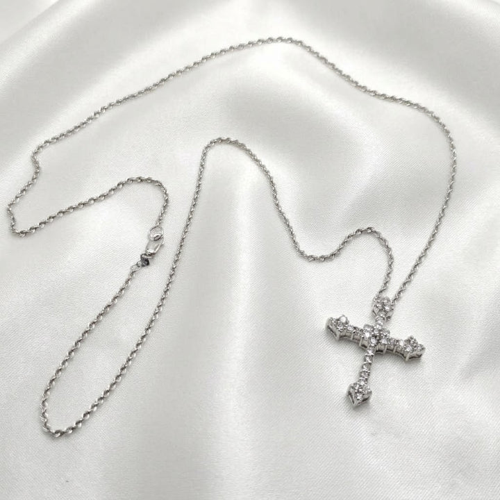 14K White Gold & Diamond Unisex Gothic Cross Necklace
