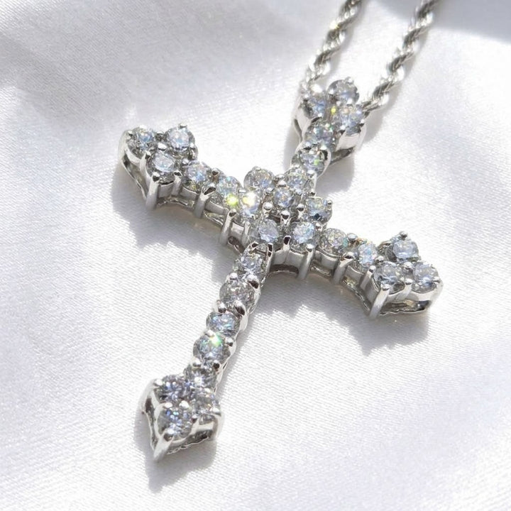 14K White Gold & Diamond Unisex Gothic Cross Necklace