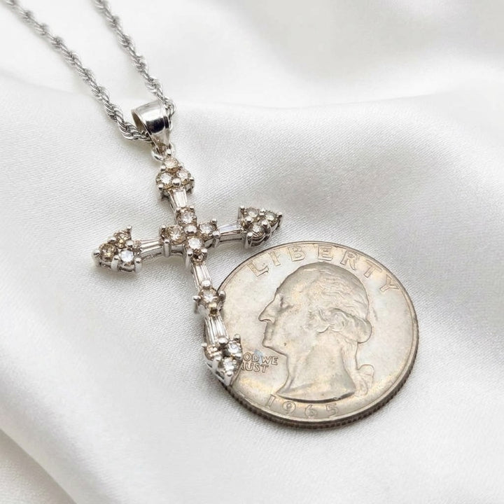 14K White Gold & Diamond Gothic Cross Necklace