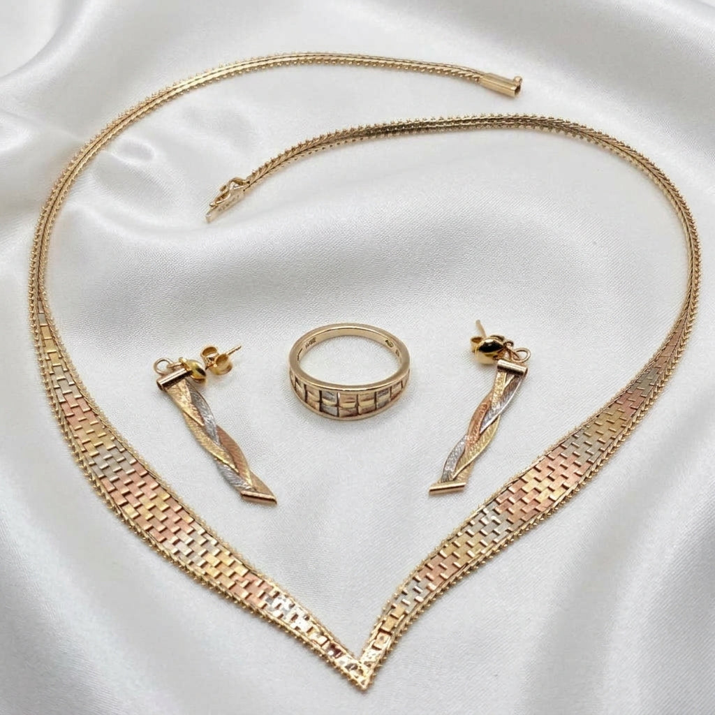 Tri-Color 14K Gold Running Bond Omega Necklace, Ring & Earrings Set