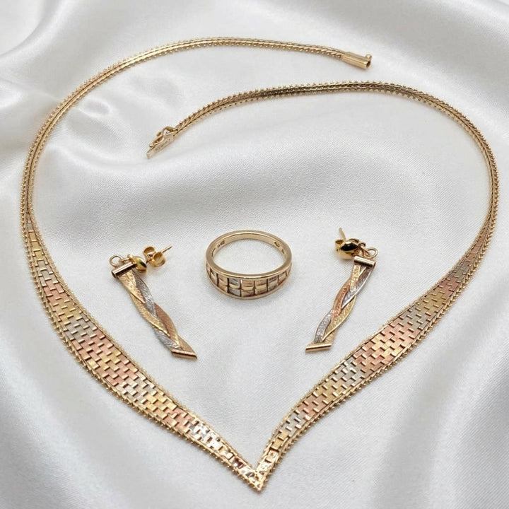 Tri-Color 14K Gold Running Bond Omega Necklace, Ring & Earrings Set