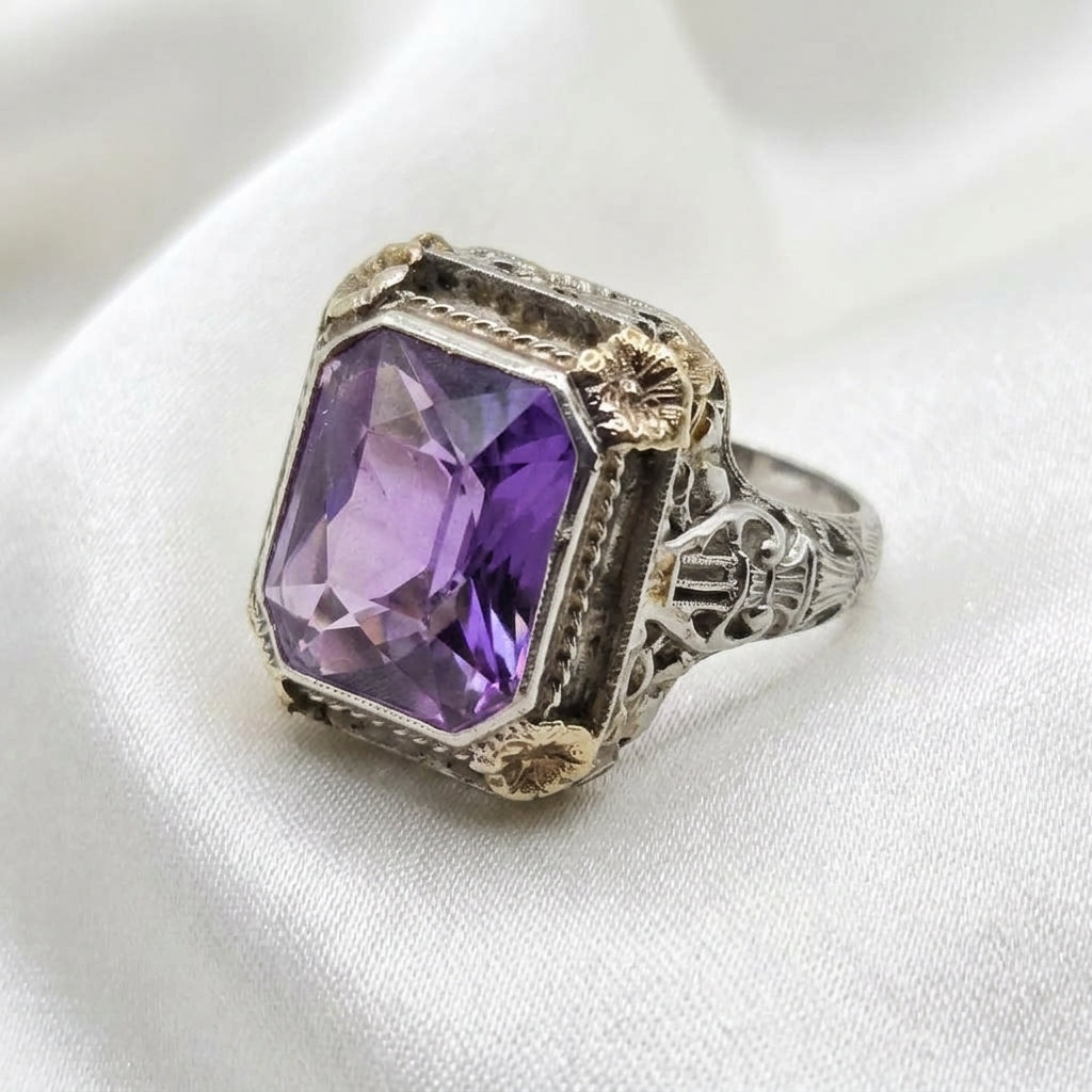 14k Gold Art Deco Purple Cushion Cut Sapphire Statement Ring