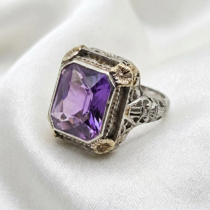14k Gold Art Deco Purple Cushion Cut Sapphire Statement Ring