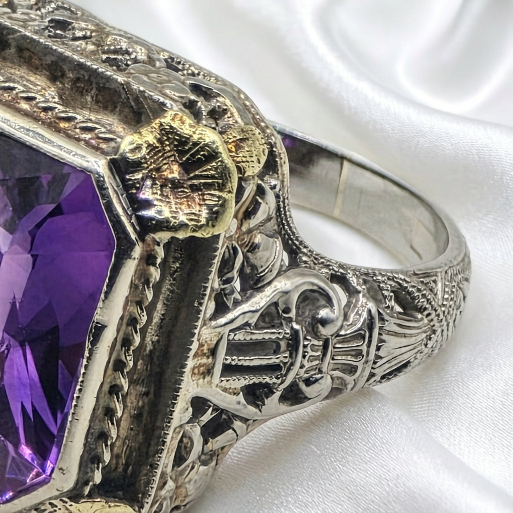 14k Gold Art Deco Purple Cushion Cut Sapphire Statement Ring
