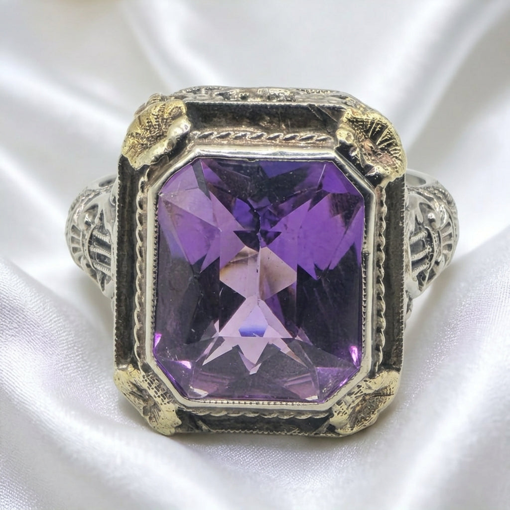 14k Gold Art Deco Purple Cushion Cut Sapphire Statement Ring