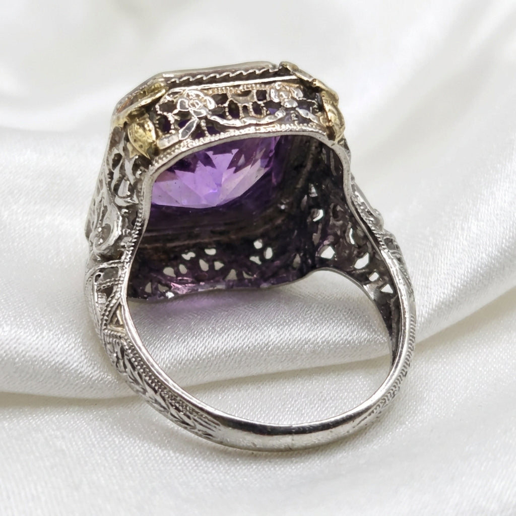 14k Gold Art Deco Purple Cushion Cut Sapphire Statement Ring
