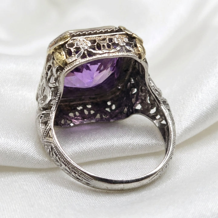 14k Gold Art Deco Purple Cushion Cut Sapphire Statement Ring