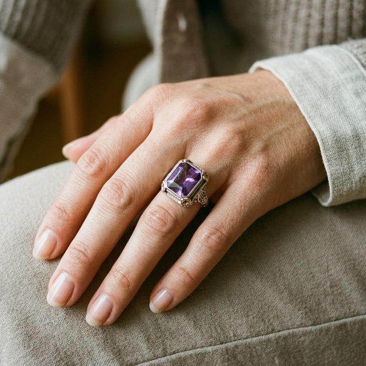 14k Gold Art Deco Purple Cushion Cut Sapphire Statement Ring