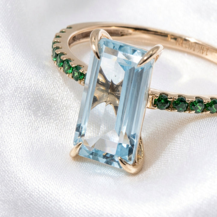 14k Gold & Lt Blue Long Emerald Cut Topaz Cocktail Ring