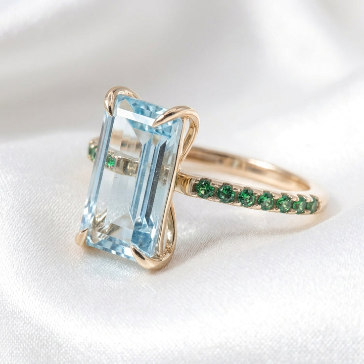 14k Gold & Lt Blue Long Emerald Cut Topaz Cocktail Ring