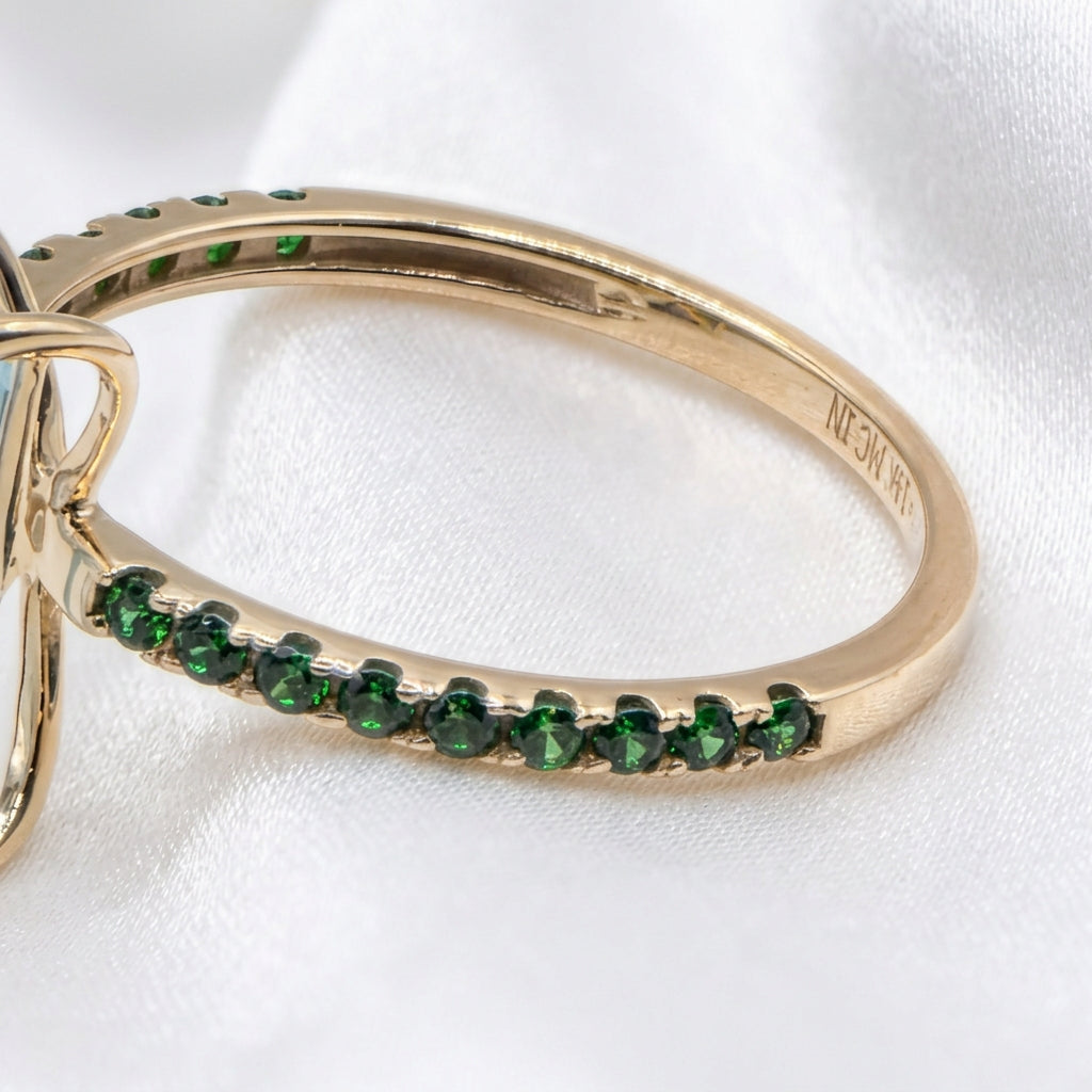 14k Gold & Lt Blue Long Emerald Cut Topaz Cocktail Ring
