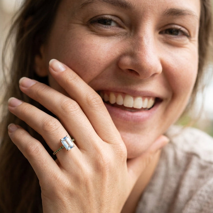 14k Gold & Lt Blue Long Emerald Cut Topaz Cocktail Ring