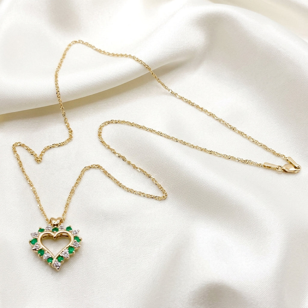 14K Gold, Emerald & Diamond Open Heart Necklace