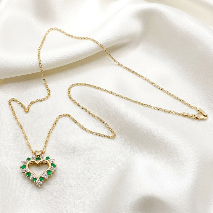 14K Gold, Emerald & Diamond Open Heart Necklace