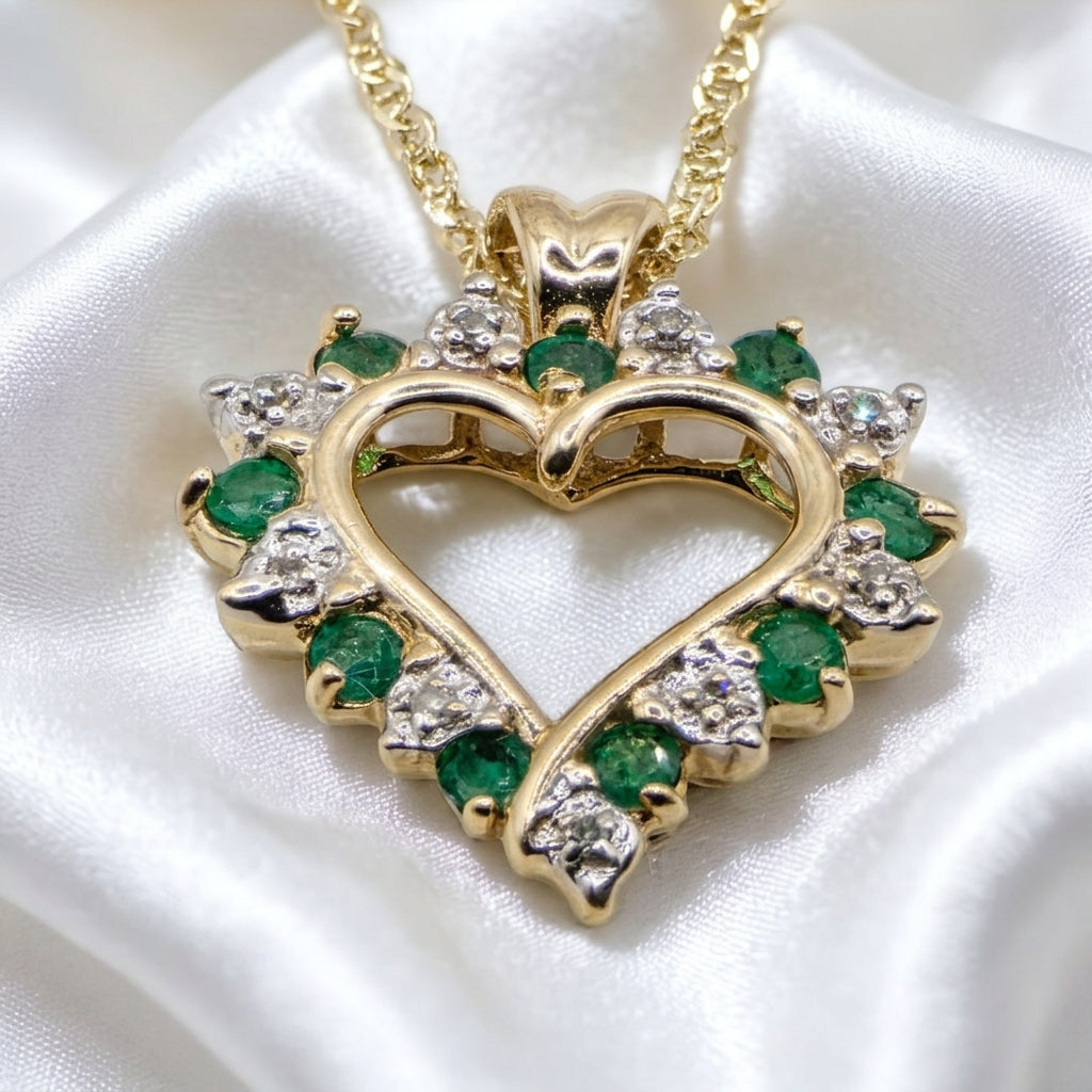 14K Gold, Emerald & Diamond Open Heart Necklace