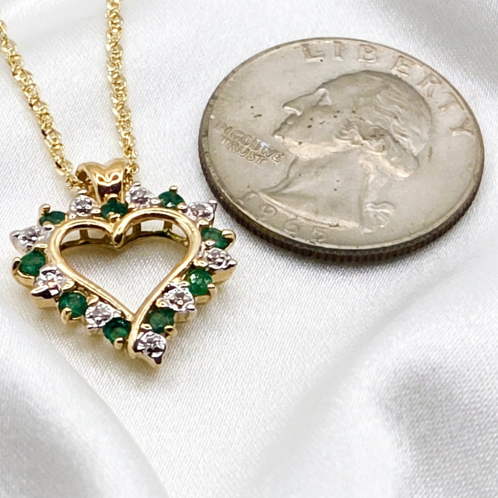14K Gold, Emerald & Diamond Open Heart Necklace