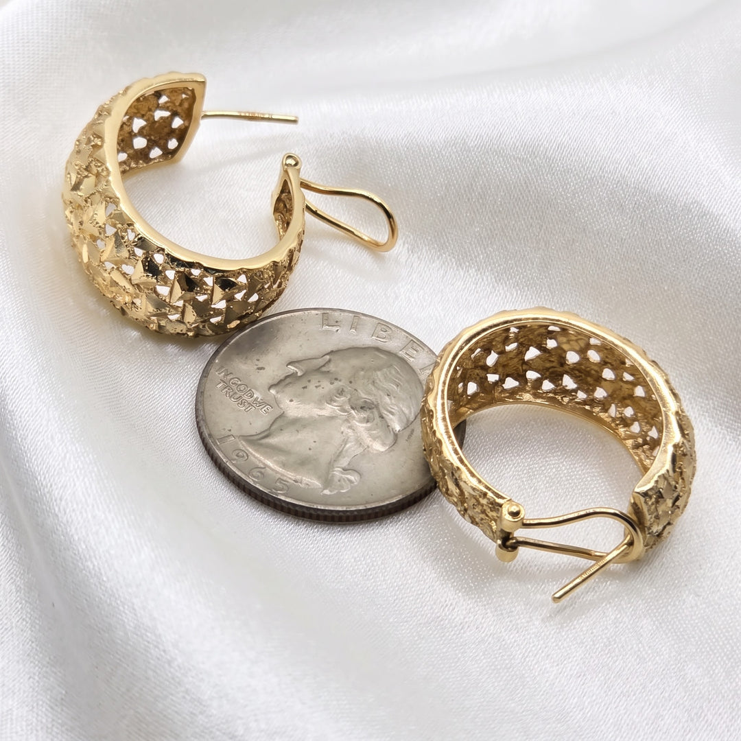 14K Gold Rough Nugget Brutalist Wide Hoop Earrings