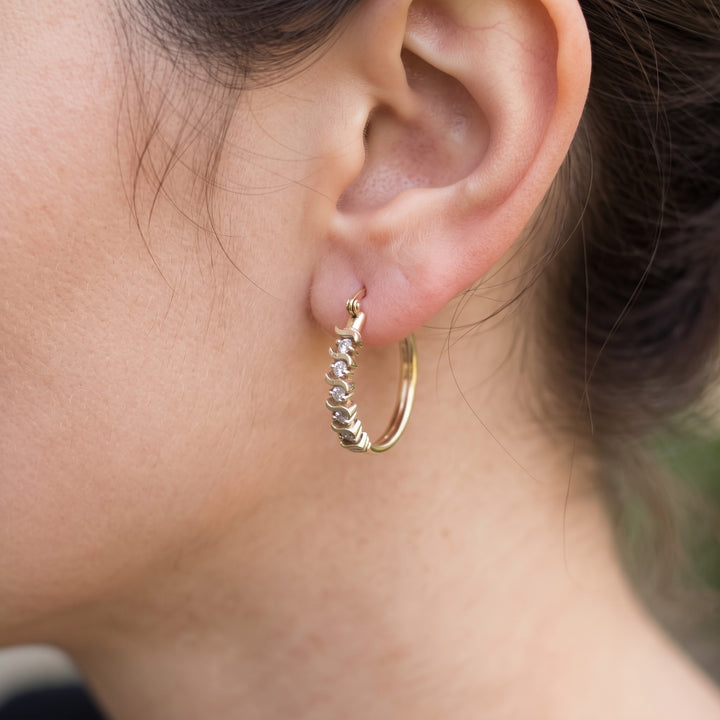 14K Gold & S-Curve Channel Prong Diamond Medium Hoop Earrings