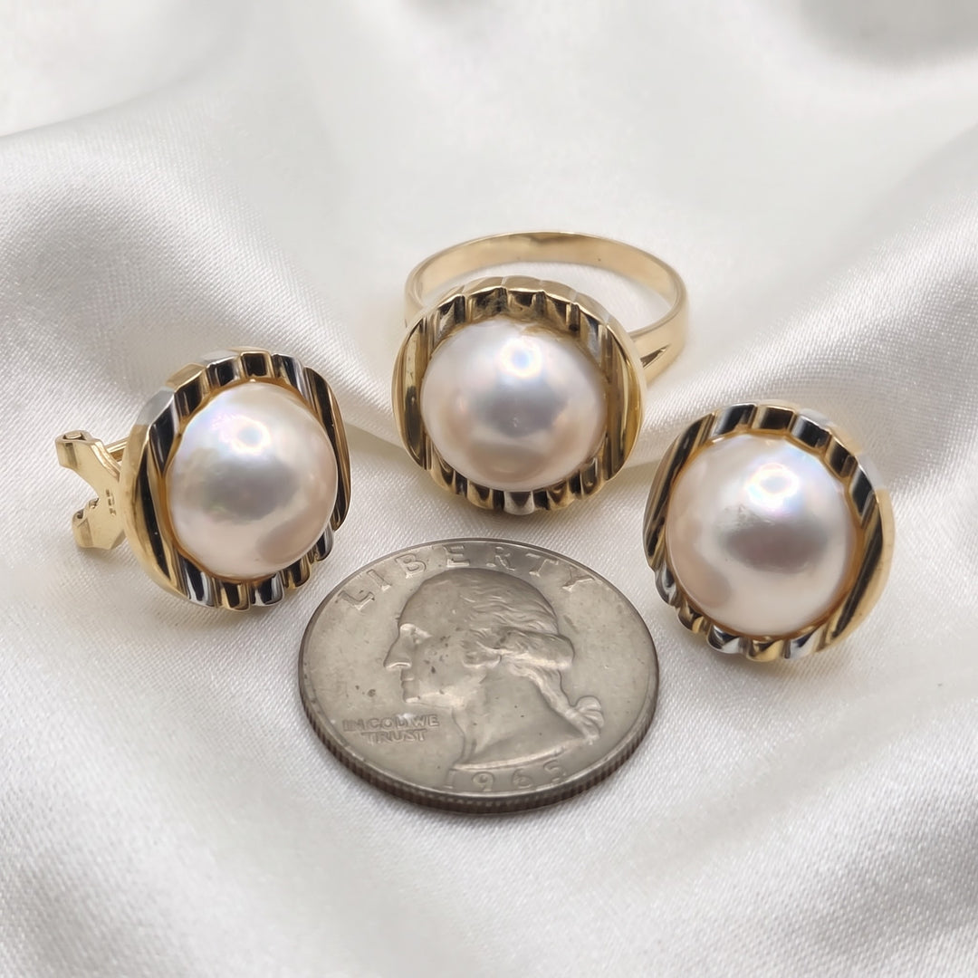 Large 14K Gold & Mabe Pearl Ring and Earrings Set