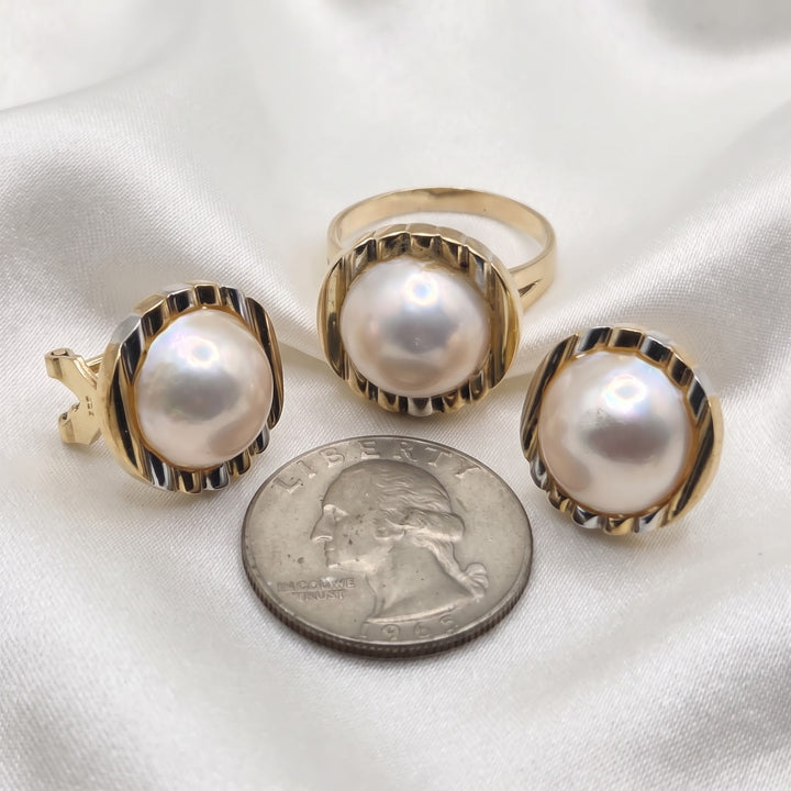 Large 14K Gold & Mabe Pearl Ring and Earrings Set