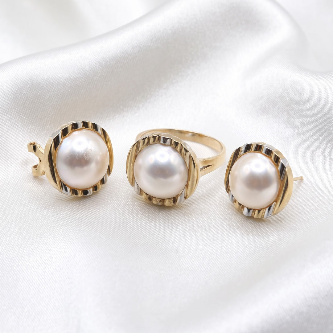 Large 14K Gold & Mabe Pearl Ring and Earrings Set