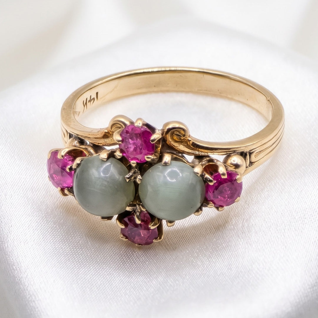 Mid-Century 14K Gold, Chatoyant and Ruby Sapphire Elegant Ring