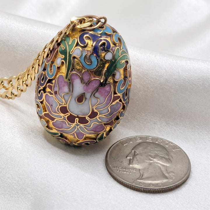 14K Gold Cuban Link Necklace w/ Cloisonne Egg Pendant