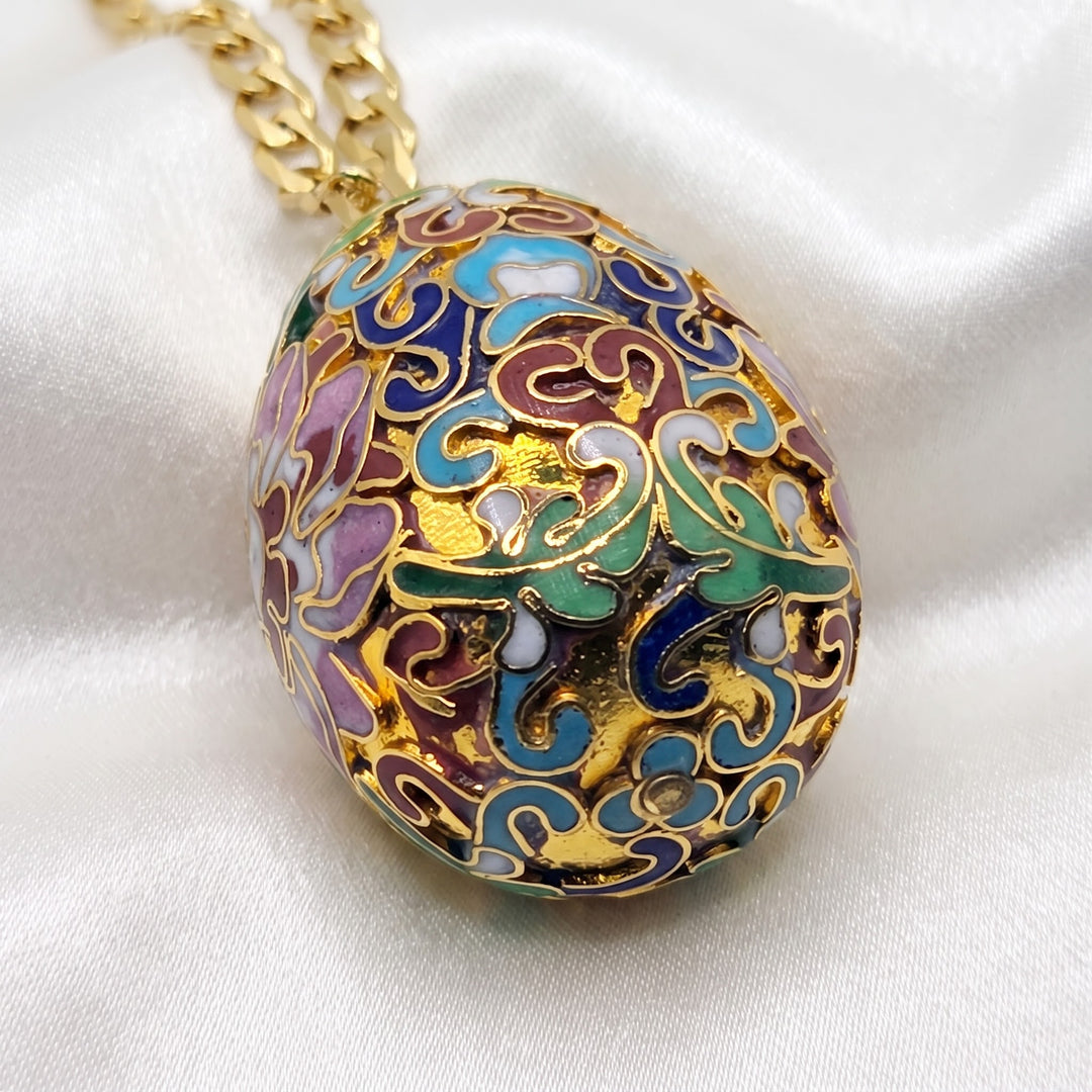 14K Gold Cuban Link Necklace w/ Cloisonne Egg Pendant